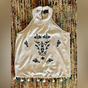 Upcycled Blue & White Embroidered Beaded Tank Top with Lace - Small